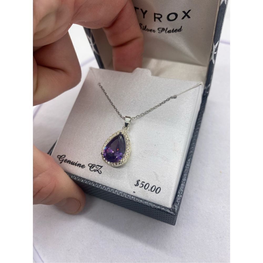CITY ROX Cubic Zirconia Teardrop Halo Pendant Necklace purple stone